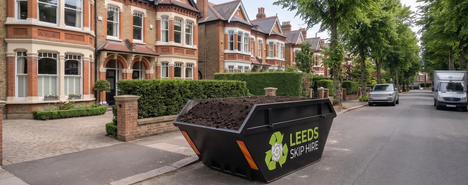 A branded Leeds Skip Hire skip filled with soil on the driveway of a Victorian terraced house on a leafy residential street in Leeds
